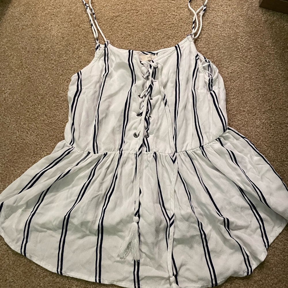 White and navy striped lace-up flowy tank top PacSun size S